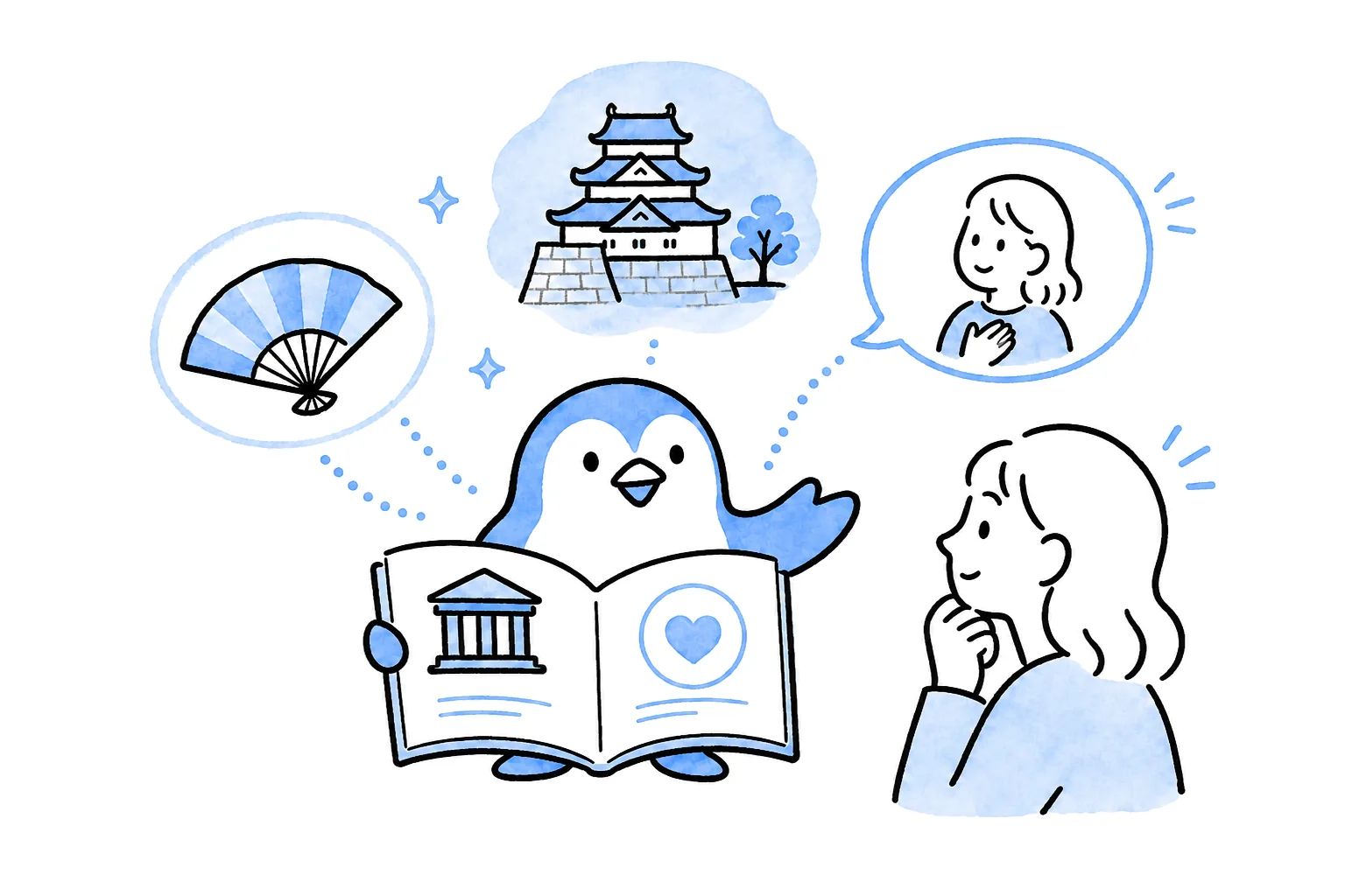 文化の背景や価値を人へ分かりやすく伝えるペンギンのイラスト