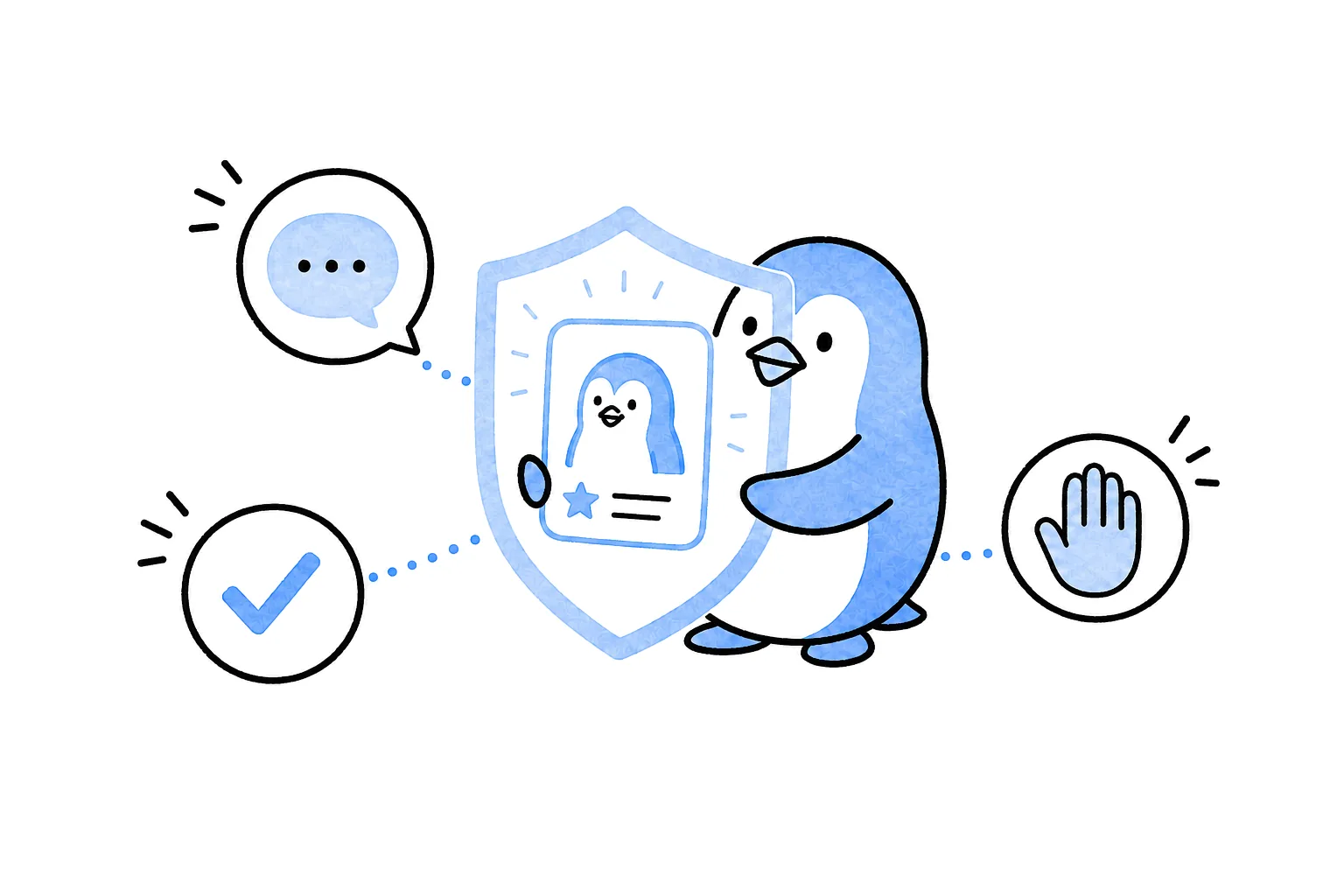 キャラクターの人格や表現ルールを安全に守るペンギンのイラスト